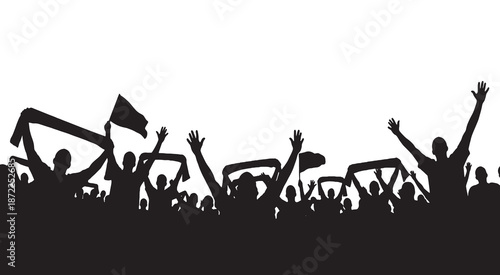Silhouette of a cheering crowd with flags and scarves at a sporting event or concert.