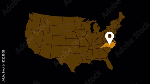 High quality 4K animation of the North Carolina state map with a location pin marker. Clean motion graphic suitable for navigation, travel, business location, presentations