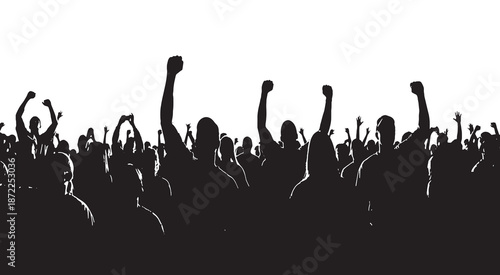Silhouette of a crowd with raised fists, symbolizing protest, unity, and celebration against a bright white background.