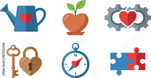 Valentine gardening growth care icons flat vector pack with watering can heart potted plant sprout gear vintage key lock compass puzzle pieces symbols of nurturing love isolated