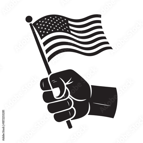 A clenched fist holding a waving american flag in a monochrome style