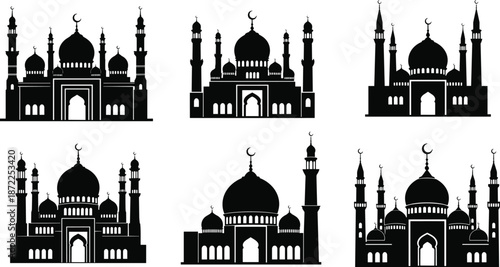 Islamic mosque silhouette flat vector, black architecture, dome, minaret, crescent moon, religious building, cultural design, symmetrical illustration