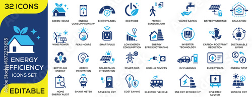Energy efficiency solid icon set featuring smart home, energy saving, solar integration, EV charging, battery storage, smart grid, and low energy consumption. Flat vector icons for sustainable living,