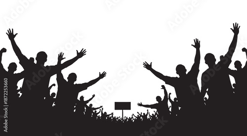 Silhouette of a crowd of people cheering and raising their hands in excitement against a white background.