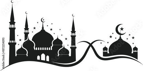 Islamic mosque silhouette flat vector, crescent moon, star symbol, religious architecture, flowing design, black illustration, cultural art, Eid Ramadan theme