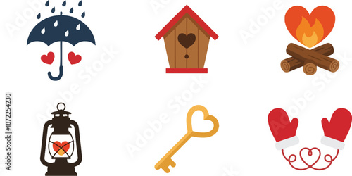 Valentine cozy romantic atmosphere icons flat vector pack with umbrella rain hearts birdhouse campfire vintage lantern antique key love birds representing warmth comfort togetherness isolated 