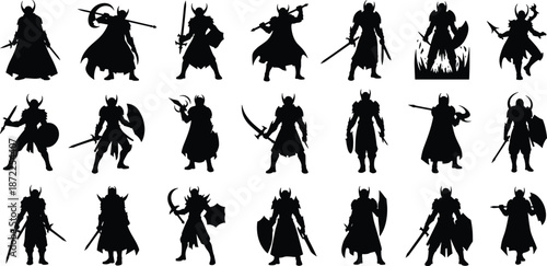 Horned warrior silhouettes, sword and axe poses, medieval fighters, fantasy battle stance, heroic action, black figures, epic combat, armor design