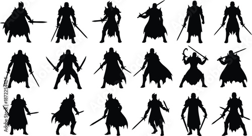 Armored warrior silhouettes, dual sword poses, medieval fighters, fantasy battle stance, heroic action, black figures, epic combat, character design