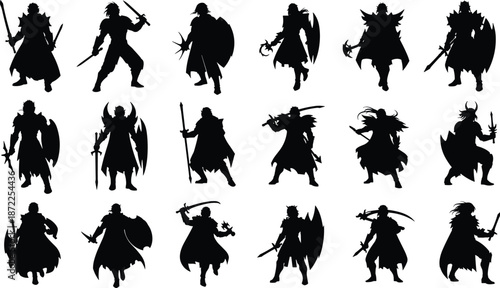 Fantasy warrior silhouettes, sword and spear poses, medieval fighters, heroic action, black figures, epic battle stance, armor design, character art