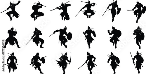 Warrior silhouettes, sword and shield poses, medieval fighters, fantasy battle stance, heroic action, black figures, dynamic combat, epic motion