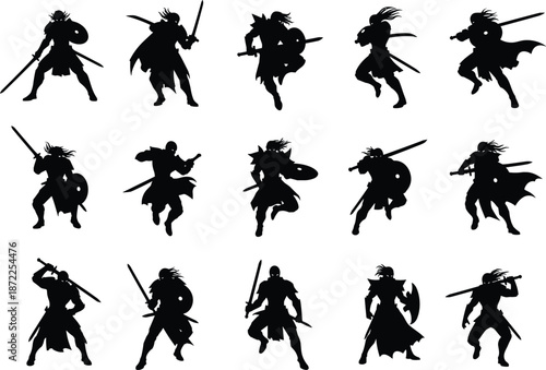 Warrior silhouettes, sword and shield poses, medieval fighters, fantasy battle stance, heroic action, black figures, dynamic combat, epic motion