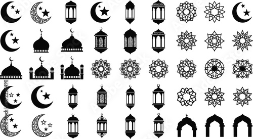  
Islamic icons flat vector, crescent moon, mosque, lantern, star pattern, arched window, Ramadan symbol, cultural design, black silhouette illustration