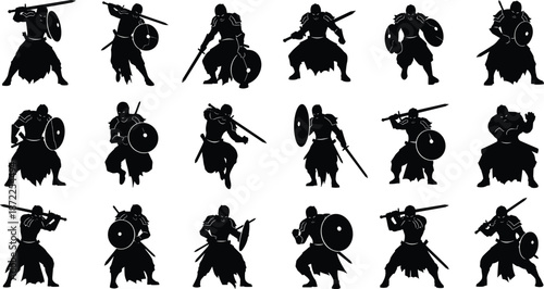 Warrior silhouettes, sword and shield poses, medieval fighters, fantasy battle stance, heroic action, black figures, epic combat, armor design