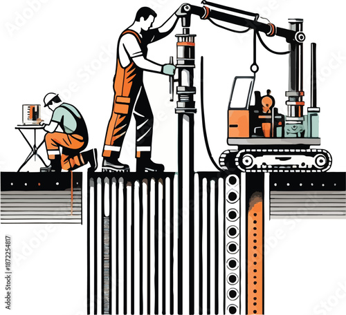 Construction workers operating drilling machinery on site Keywords: construction, drilling