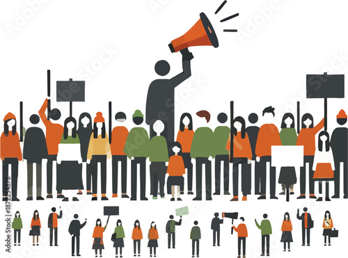Crowd With Megaphone And Signs Protesting people demonstration