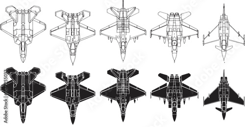 Collection of fighter jet blueprints and silhouettes, top-down view, showcasing different aircraft designs and outlines.
