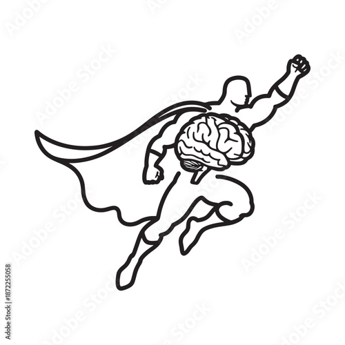 Superhero with a brain for a head flying through the air