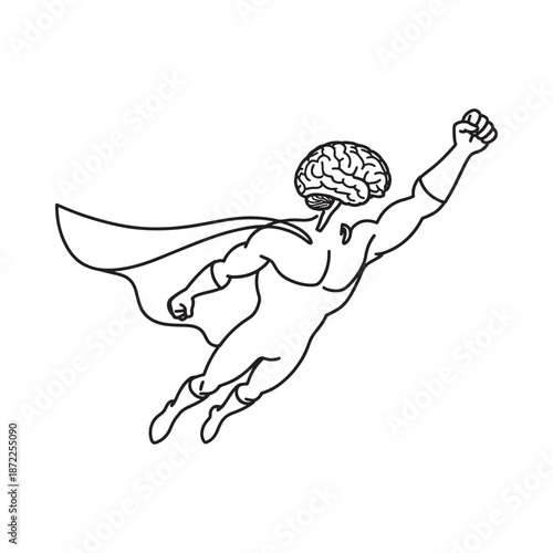 A superhero figure with a brain for a head soars through the air