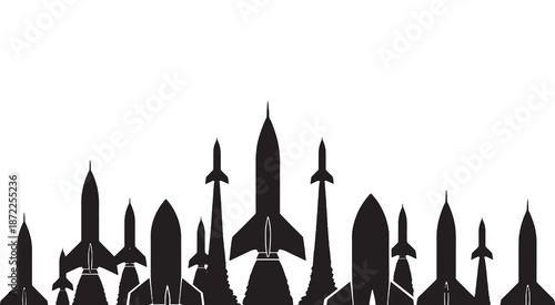 A collection of diverse rocket silhouettes against a white background, representing space exploration and technology.