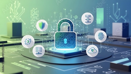 Cybersecurity measures in place with a digital padlock on a futuristic interface surrounded by security icons