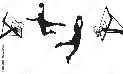 Silhouette of two basketball players in action, one jumping to dunk the ball and the other preparing to shoot, against a white background.