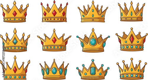 Assortment Of Twelve Golden Royal Crowns Adorned With Red And Blue Jewels Keywords: crown, royal, king, queen, royalty, monarch