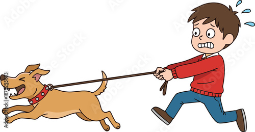 Cartoon boy being pulled by excited dog on leash running fast pulling