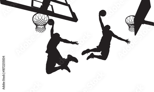 Two basketball players performing slam dunks during a game, captured in silhouette against a white background.
