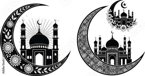Islamic crescent mosque flat vector, floral ornament, star symbol, religious architecture, black illustration, cultural design, Eid Ramadan decoration art