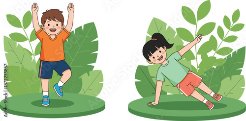 Children exercising outdoors with green foliage in the background kids exercise