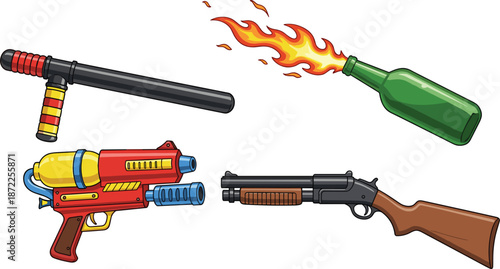 Cartoon Collection Of Weapons Including Molotov Cocktail Shotgun Water Gun And Baton Keywords: weapon, gun, firearm, shotgun