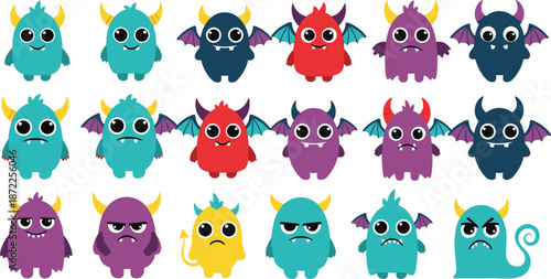 Collection of Cute Cartoon Monsters with Wings and Horns untitled vector
