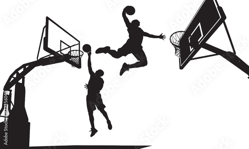 Dynamic silhouettes of basketball players in action, one performing a slam dunk and the other attempting a block, against a white background.