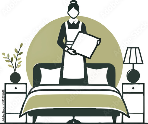 Maid standing by a made bed illustration housekeeper