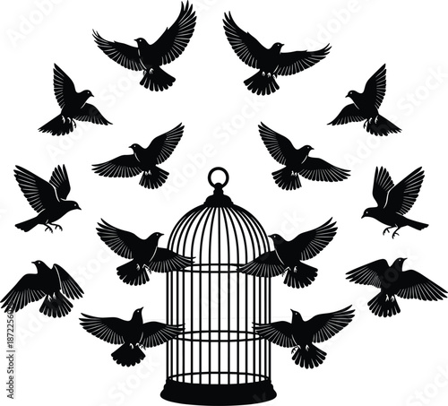 Birdcage escape flat vector, flying birds, freedom symbol, black silhouette, liberation concept, open door, emotional art, minimal design