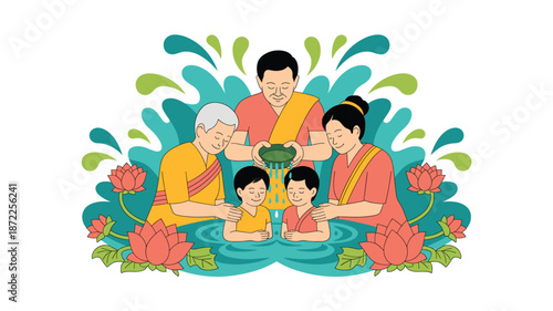 A colorful illustration of a family celebrating a special moment with water and flowers