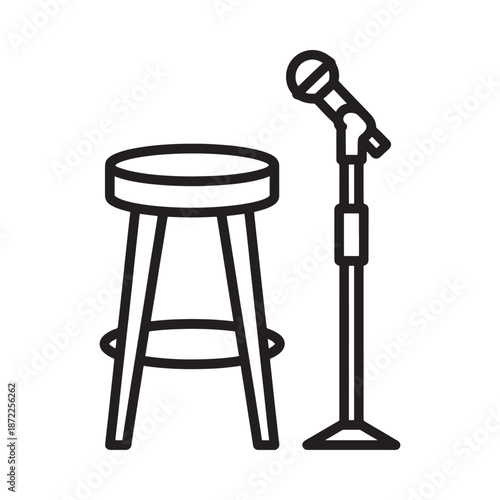 A simple illustration of a microphone and stool for performance or speaking