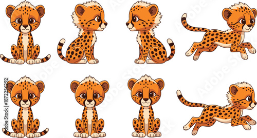 Cute cartoon cheetah cubs in various poses on a white background kitten baby animal