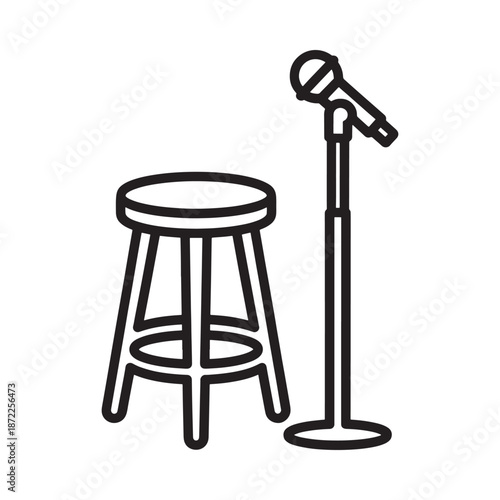 A simple black and white illustration of a microphone and stool