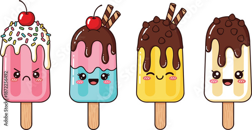 Cute Kawaii Ice Cream Popsicle Characters With Different Emotions Keywords: ice cream, popsicle, dessert, sweet, frozen, treat