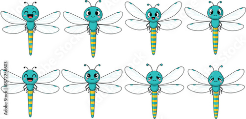 Eight cute cartoon dragonflies with different facial expressions on white background Keywords: dragonflies, insects, bugs