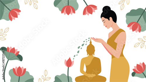 A serene illustration of a woman meditating near a Buddha statue surrounded by lotus flowers