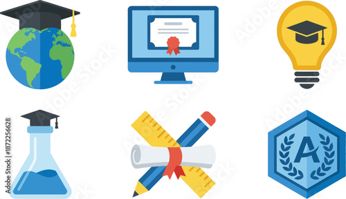 Graduation global education learning icons flat vector pack with globe mortarboard computer monitor lightbulb lab flask pencil ruler science badge representing academic knowledge worldwide study 