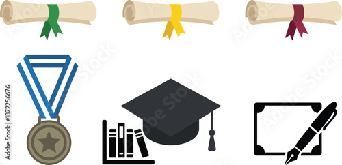 Graduation academic achievement icons flat vector pack with diploma scrolls green yellow burgundy ribbons silver medal bar chart mortarboard cap contract pen representing honors success isolated 