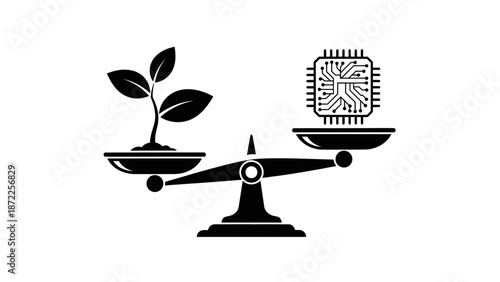 Scale balancing a green plant and a CPU microchip, concept of sustainable technology and environmental harmony.