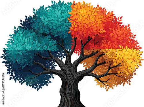 Four colored tree crown sections on a dark trunk with white background leaves foliage