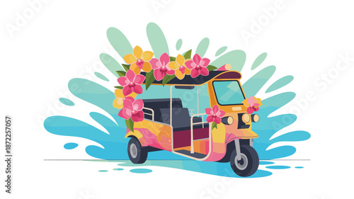 A colorful illustration of a tuk-tuk decorated with vibrant flowers and a splashy background