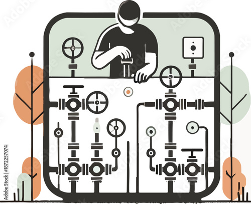 Technician working with industrial pipes and valves