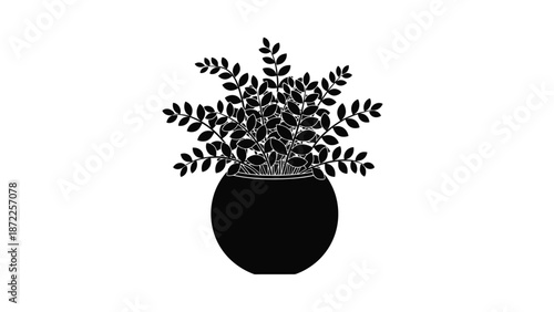 Silhouette of a lush indoor plant in a round pot, minimalist houseplant vector illustration.
