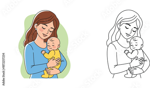 Mother Holding Her Baby Vector Illustration and Coloring Page Outline for Kids, Happy Motherhood, Parenting, Love and Care, Newborn Infant and Mom Character Set for Design Projects